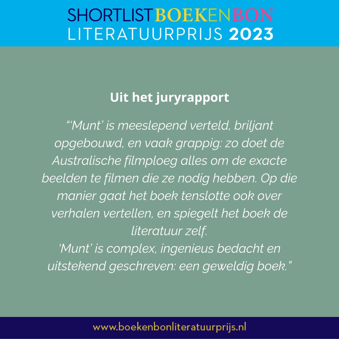 De genomineerden!
‘Munt’ van @ezelhaar (<a href="/Wereldbieb/">Wereldbibliotheek</a>) staat op de shortlist voor de Boekenbon Literatuurprijs 2023.
De jury vertelt op de tweede slide waarom dit boek genomineerd is.
Op donderdag 9 november wordt, in de Grote Kerk Den Haag, de winnaar bekend gemaakt.