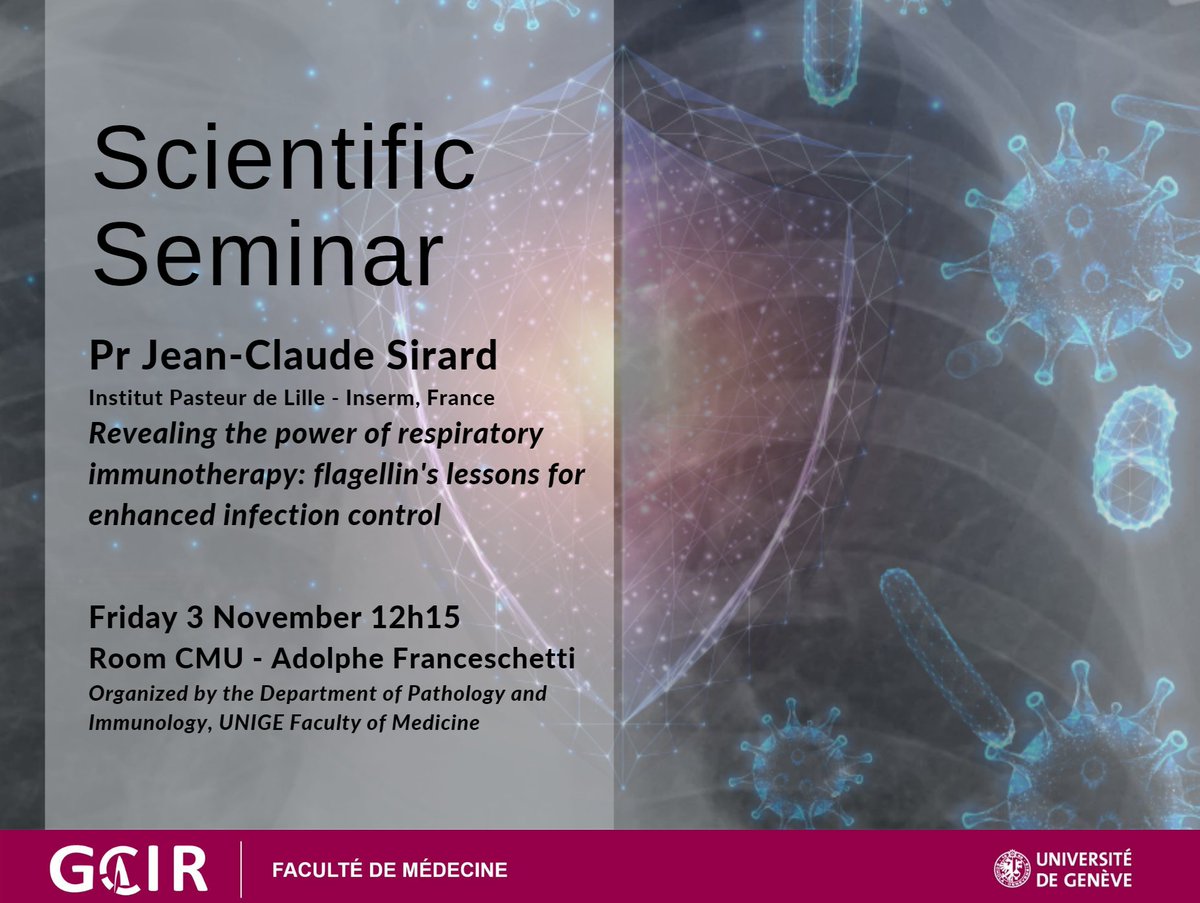 Geneva Centre for Inflammation Research (@gcir_unige) on Twitter photo Interested in #AntimicrobialResistance? Let's learn about #bacteria #antibiotics & #immunity from Prof. Jean-Claude Sirard this Friday! @JCSirard <a href="/PasteurLille/">Institut Pasteur de Lille</a> <a href="/CIILofficiel/">Centre d'infection et d'immunité de Lille</a>. At 12h15 in CMU! Organized by the <a href="/unige_en/">UNIGE_en</a> FacMed Dept of Pathology & Immunology bit.ly/40dvPJv Interested in #AntimicrobialResistance? Let's learn about #bacteria #antibiotics & #immunity from Prof. Jean-Claude Sirard this Friday! @JCSirard <a href="/PasteurLille/">Institut Pasteur de Lille</a> <a href="/CIILofficiel/">Centre d'infection et d'immunité de Lille</a>. At 12h15 in CMU! Organized by the <a href="/unige_en/">UNIGE_en</a> FacMed Dept of Pathology & Immunology bit.ly/40dvPJv