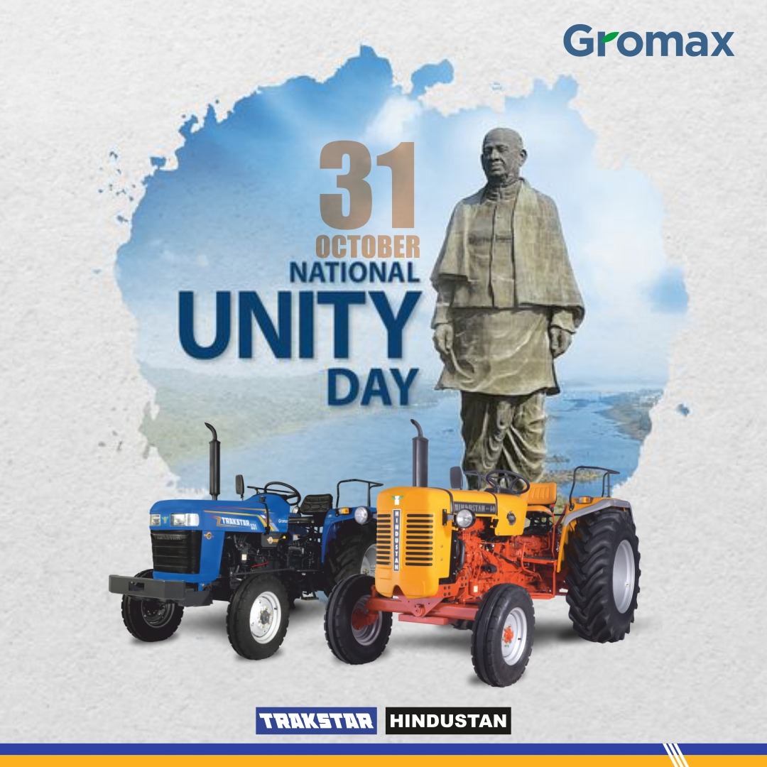 GromaxAgri's tweet photo. "Happy National Unity Day! 
On this auspicious occasion, we celebrate the strength of our diverse nation and the spirit of togetherness that binds us all.

#NationalUnityDay #StrongTogether #FarmersUnity #AgriculturalUnity #UnityForProgress #GromaxTractors #MahindraGroup https://t.co/wMC3beqbYE