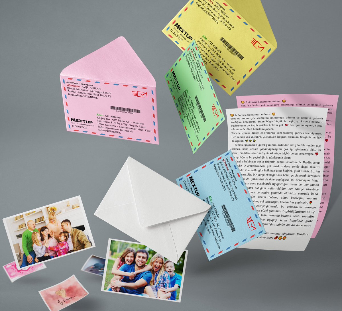 5 farklı kağıt ve zarf renk seçenekleriyle Mextup üzerinden yazıp gönderdiğiniz mektuplar ve fotoğraflar yüksek kalitede basılarak postaya verilir. #mextup #mektup #mektupyaz #cezaevinemektup