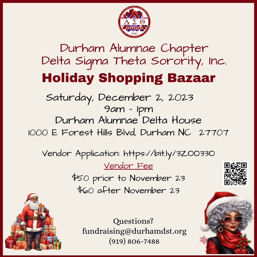 DurhamDST's tweet photo. Calling all vendors (including food trucks) and the general public!  Join us for a Holiday Shopping Bazaar on Saturday, 12/2/23, 9-1 at DADH, w/ local goods and services. Vendors, register: https://t.co/D3jOdFqCF8.
 #dacdst #dst1913 #SensationalSAR #IntentionalImpact https://t.co/fIkBPA3cKn