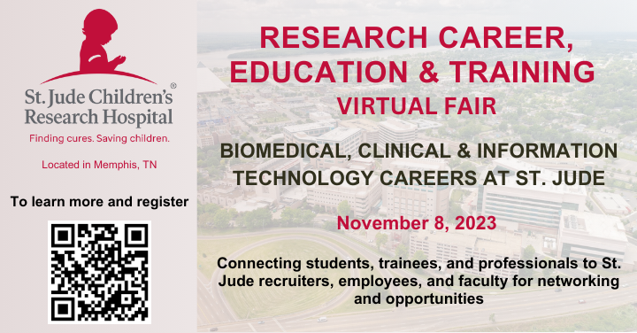 StJudeResearch's tweet photo. It’s never too early to start planning your next career step. St. Jude invites you to join a virtual research career, education and training fair on Wednesday, November 8, from 10:30 am to 3:30 pm CDT. 

Registration is free. https://t.co/tIdXC8Ugxh https://t.co/RpMfM3gevA