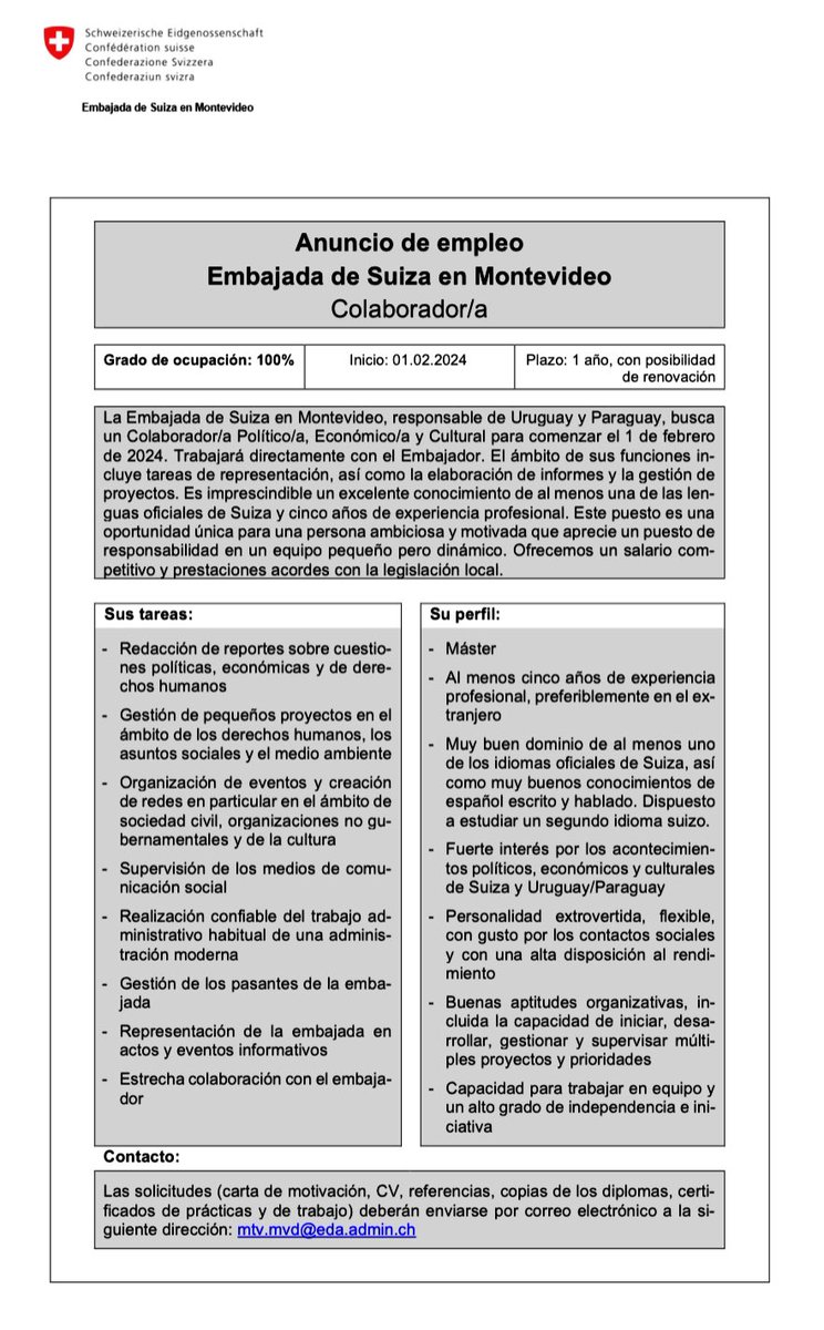 SwissAmbUruguay's tweet photo. Un interesante #anuncio de #empleo de la Embajada de Suiza en Montevideo: https://t.co/orMnSKWMV9