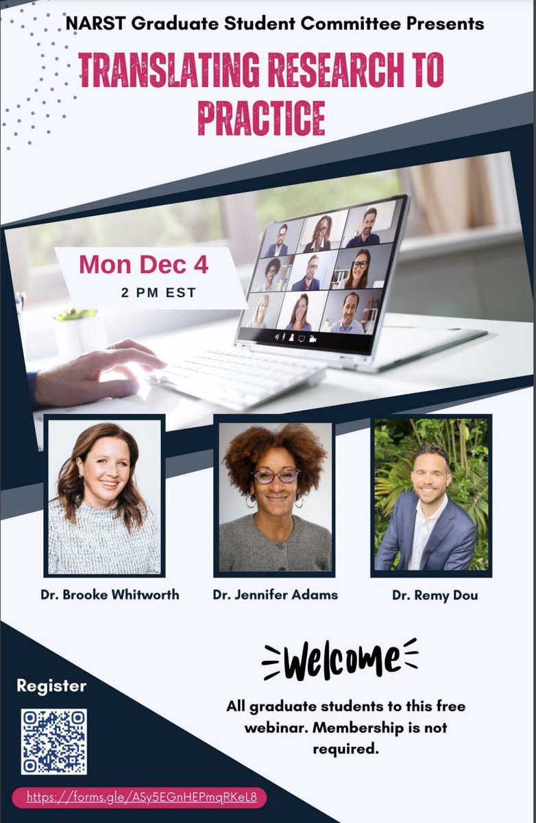 STEMEdGrads's tweet image. The NARST Graduate Student Committee welcomes all graduate students to a free webinar on “Translating Research to Practice”.  *Membership is not required.

Join us on Monday, Dec 4, 2023, at 2 pm EST.

Register here at
forms.gle/2N8JwAc5LPAY2a…

#NARSTGrads #STEMEdGrads #NARST