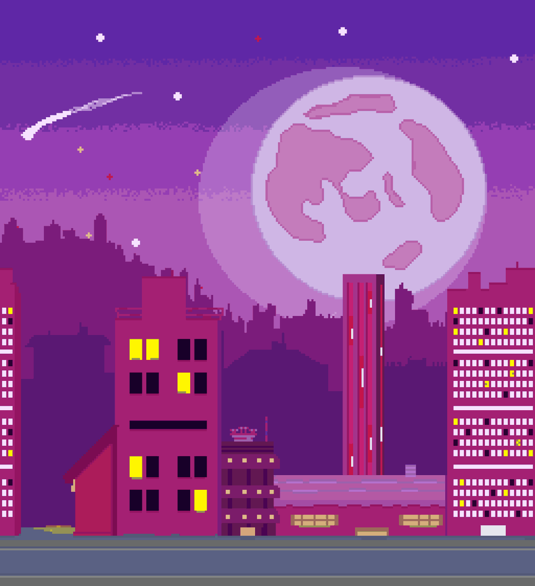 RominaKuber's tweet photo. Hola a todos! 💫 vengo con otro modelo fresquito para compartir con ustedes! un fondo de ciudad nocturna iluminada, adornada con tonos rosas que le dan un toque mágico. 🌃✨ ¡Cuéntenme qué les parece en los comentarios! 😊 #PixelArt #Pixel #AsepriteMagic #Aseprite #game #gaming https://t.co/W980QKde30