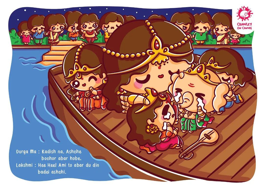 CrawleyonCanvas's tweet photo. Durga Puja Bijoya Dashami Throwback

In this artwork, we can see Ganesh, Kartik and Saraswati crying because they have to go back home and Ma Durga is consoling them. But Lakshmi is secretly happy because next comes Lakshmi Puja and she'll be back here with us.

#DurgaPuja2023 https://t.co/QSxm4ZiEfz