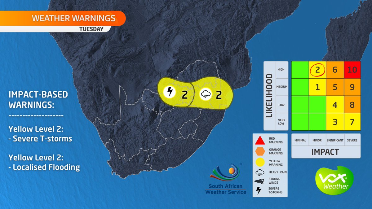 VoxWeatherZa's tweet photo. WEATHER MAPS and WARNINGS for this TUESDAY – 31 October 2023

⚠️WARNINGS by SAWS:⚠️

🟡 Yellow
-L2: Disruptive rain in places over Mpumalanga
-L2: Severe t-storms in parts of North West and Gauteng
-L2: Disruptive Snow parts of KZN &amp; Free State

#voxweather #snowinsa https://t.co/0D9itaB1FT