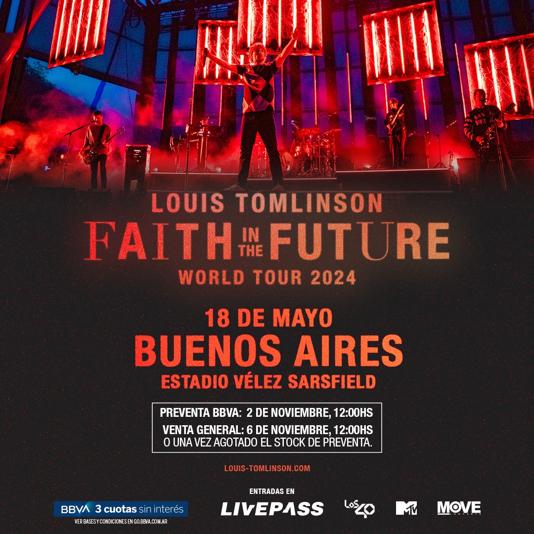 🇦🇷 ¡YA ES OFICIAL! ¡Louis Tomlinson regresa a Argentina! 🇦🇷

🎙 Faith In The Future World Tour 2024.
📆 18 de mayo de 2024.
🏟 Estadio Vélez Sarsfield.