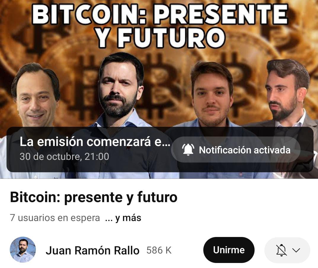 Esta noche estaré en el canal de <a href="/juanrallo/">Juan Ramón Rallo</a> charlando junto a @ManuelPolavieja y <a href="/eduardojblasco/">Eduardo Blasco</a> 👀🍿

Seguimos acercando Bitcoin al mundo 🙏🏻🧡