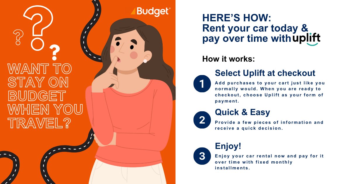 Travel budgeting can be stressful, but paying for your rental over time with Uplift can change that! #budgetcarrental #weknowtheroad #uplift #booknowpaylater Plus for a limited time, you could get a special 0% APR offer when you use Uplift. Learn more: budget.com/en/products-se…