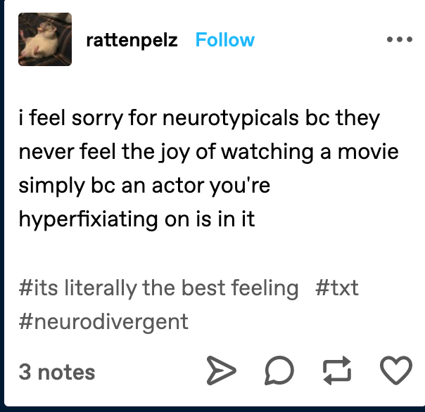 neurodiverging's tweet photo. "I feel sorry for neurotypicals bc they never feel the joy of watching a movie simply bc an actor you're hyperfixating on is in it"

#Neurodivergent #adhd #autism https://t.co/MfbE4eMQF7