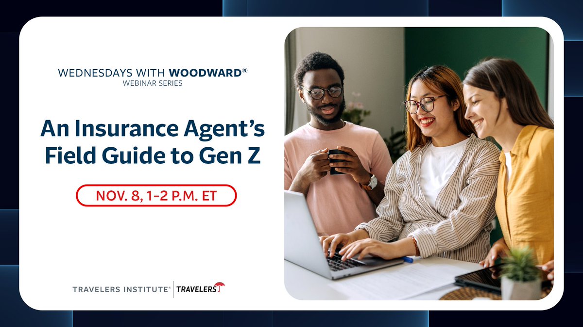 Are you an insurance agent or broker wondering how to reach #GenZ? Join the #TravelersInstitute for a webinar exploring Gen Z’s beliefs, values and expectations around insurance. 💻 Register now for the #WednesdaysWithWoodward webinar: travl.rs/45XzzQl