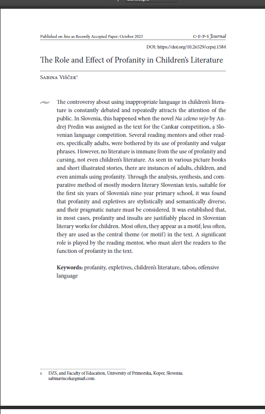CepsJournal's tweet photo. Have a look at our recently accepted paper ���The Role and Effect of Profanity in Children’s Literature” by Sabina Višček: https://t.co/KiO71BiUFQ
#profanity #expletives #offensivelanguage https://t.co/bY4R5xApe4