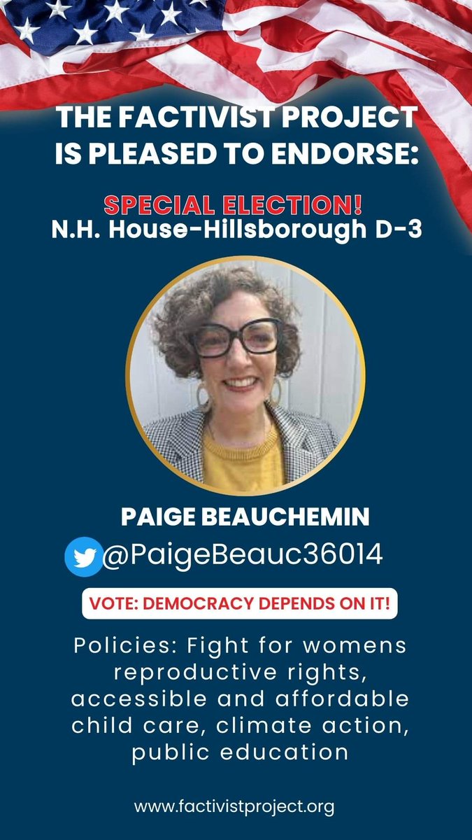 Nov 7, 2023, @PaigeBeauc36014 will be running for NH House,  D-3. She is a pro-choice nurse pledged to fight for women's rights, accessible childcare, education &climate action. #ProudBlue
If she wins this #SpecialElection, we will gain a TIE in a GOP-controlled statehouse.