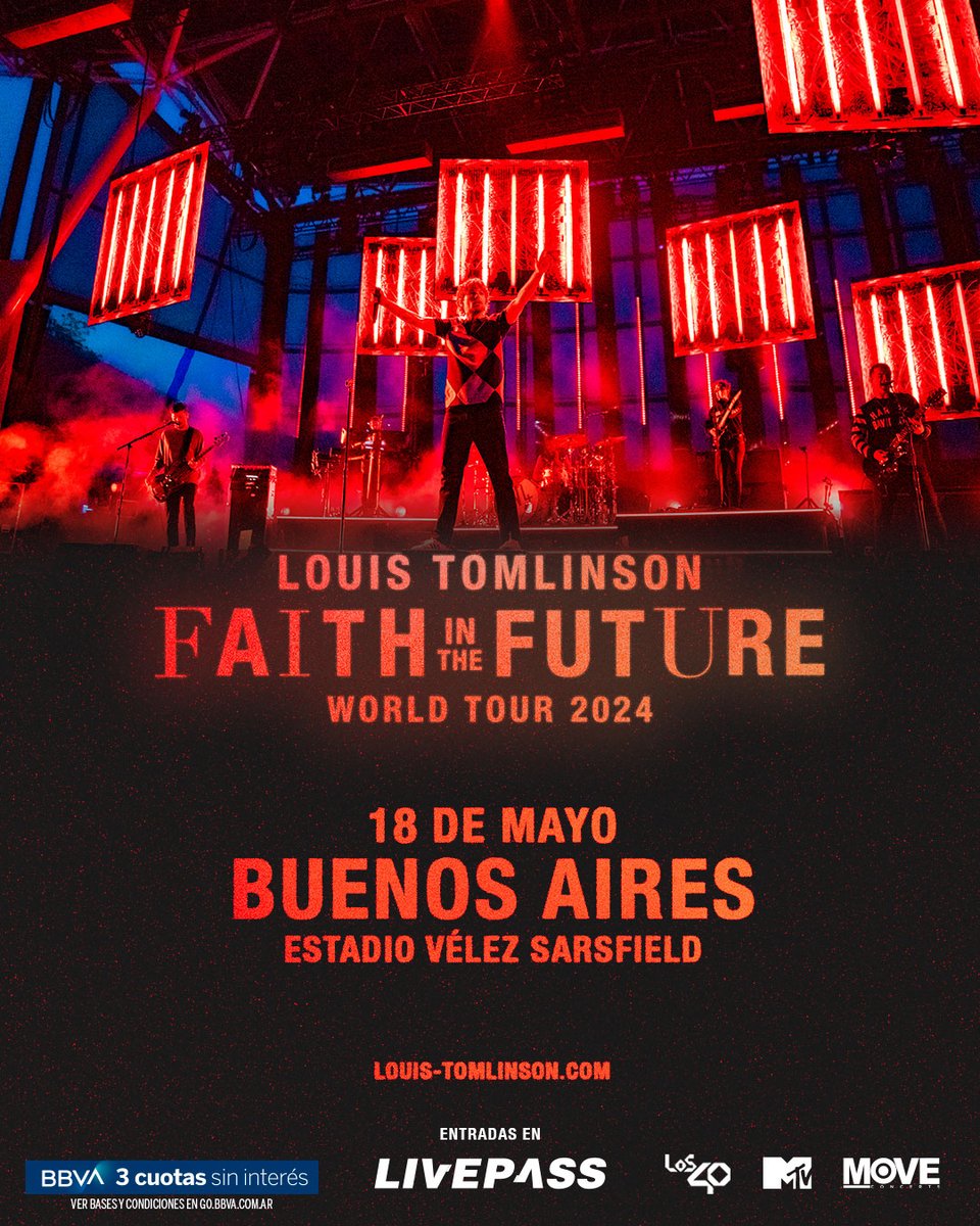 RecitArg's tweet photo. 🔥 LOUIS TOMLINSON EN ARGENTINA🇦🇷

Faith in the Future Tour 2024
📅 18 de mayo
🏟️ Estadio Vélez
🎟️ Entradas disponibles desde el 2/11 en Livepass

💳 Preventa BBVA: 2/11 12hs
👉🏻 Venta general: 6/11 12hs o una vez agotada la preventa

#LouisTomlinson #FaithintheFuture
#LTLATAM2024 https://t.co/PtEDMjOzP0