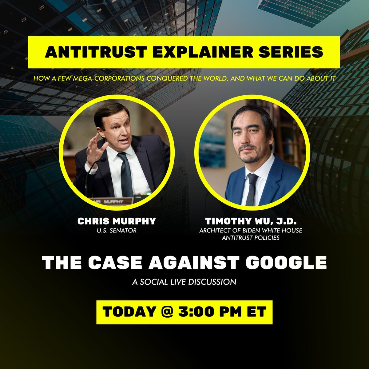 Today I'm holding my second in a series of explainers on the important work being done by the FTC and DoJ to break up concentrated, monopoly power. Today we will be talking with the one and only @superwuster about Google's market abuses. Tune in!