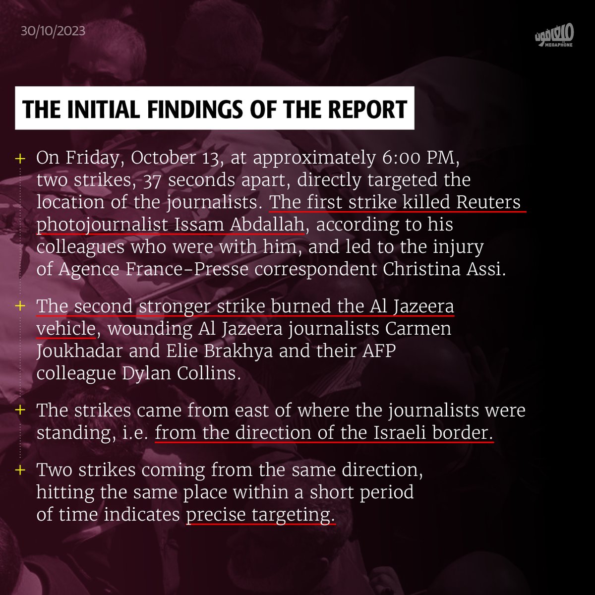 megaphone_news's tweet image. #ReportersWithoutBorders (RSF) released the initial findings of their investigation into the death of photojournalist #IssamAbdallah, while he was covering clashes at the Lebanese Israeli border on October 13, 2023.

The investigation concluded that the strikes’ origin was