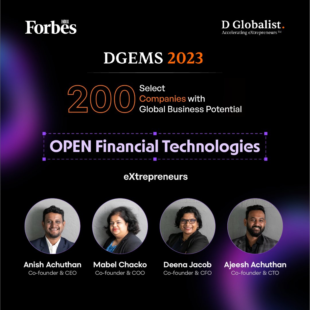 BankWithOpen's tweet photo. OPEN is honored to be recognized by @ForbesIndia and D Globalist's Top 10 Companies among 200 Select Companies with Global Business Potential.
#DGEMS2023 #Select200 #eXtrepreneur #GoGlobal #BeyondBorders #BreakingBarriers #forbes #forbesindia #globalbusiness #openmoney https://t.co/1E0jarwzjk