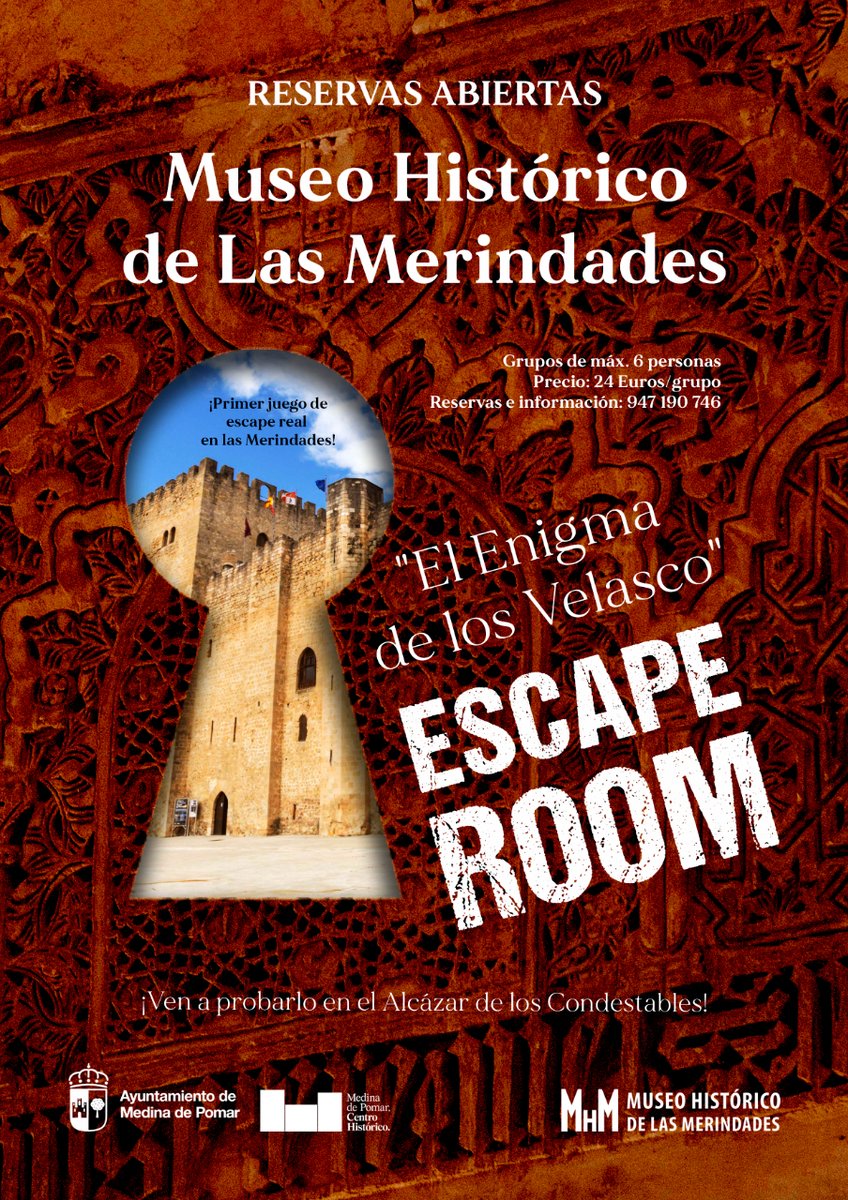 AytoMedina's tweet photo. #EscapeRoom #Museo #MedinadePomar 

🔐 ¿Aún no has probado a resolver "El Enigma de los Velasco", el escape room del Museo Histórico de Las Merindades? 🔐

👥 Grupos de máx. 6 personas
💶 24 euros/grupo

📞 Reservas e información: 947 190 746 https://t.co/ITVFirtzpE