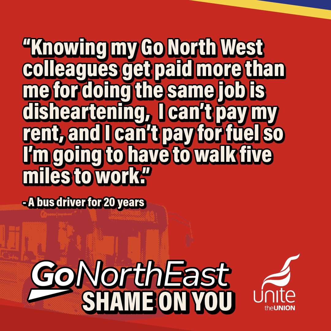 unitetheunion's tweet image. Why should workers in the North East get a worse deal than those in the North West working for Go Ahead?
Tell the #GoNorthEast boss Nigel Featham to stop using North East workers as cheap labour – and pay the rate for the job. Call 0191 420 5050 now.
More: unitelive.org/pushed-to-the-…