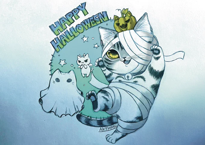 #絵 #イラスト #art #illustration #創作 #original #猫 #ねこ #cat #猫好きさんと繋がりたい #HappyHalloween2023  ハロウィン用にと描いていた 魔法使いお師匠猫が明日までに 間に合いそうにないので後日に回し…  急遽描いたマミー猫。