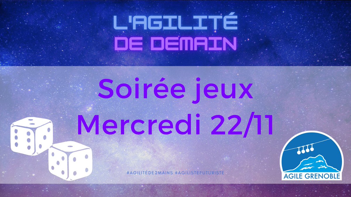 Vous voulez rester jouer avec vos Agil'potes toute la soirée ? Agile Grenoble 2023 vous propose sa soirée Jeux le mercredi 22 novembre, à partir de 19h. Amenez votre joli minois, votre bonne humeur et vos jeux  🎰 
Lien vers la billetterie : agile-grenoble.org/billetterie/