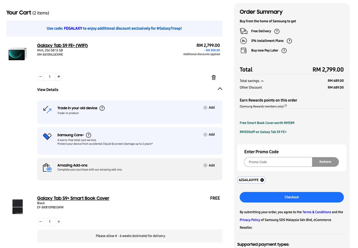 Hi semua. Kalau nak beli Samsung Galaxy Tab S9 FE+ tapi kod yang ada dah takleh redeem jangan risau.

Kami ada kod promo untuk anda = AZGALAXYFE

Gunakannya dan dapatkan diskaun RM 300 🥳 Anda juga boleh gunakan kod tersebut untuk Galaxy tab S9 FE.

Beli: bit.ly/AMZ-TABS9FE