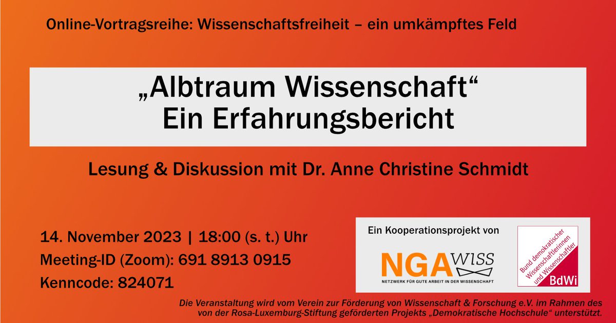 In 2 Wochen ist es soweit: Im Rahmen unserer Online-Veranstaltungsreihe zu #Wissenschaftsfreiheit liest Anne Christine Schmidt aus ihrem 2023 im <a href="/Textem/">Textem</a>-Verlag erschienenen Buch "Albtraum Wissenschaft"
➡️ Mehr Infos zur Lesung: bdwi.de/termine/event_…