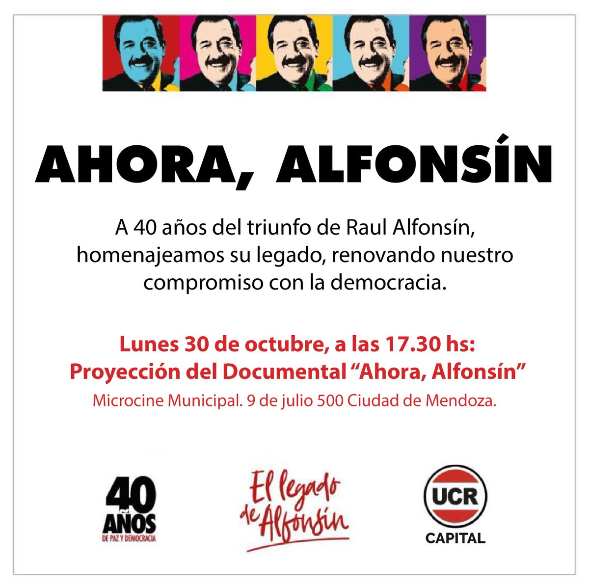 UlpianoSuarez's tweet photo. A 40 años de la recuperación de la democracia, homenajeamos a Raúl Alfonsín y su legado.

Queremos compartir con ustedes la proyección del documental “Ahora, Alfonsín”, y juntos renovar nuestro compromiso con la democracia.

Los esperamos a las 17:30 h en el microcine municipal. https://t.co/P8hqera0qy