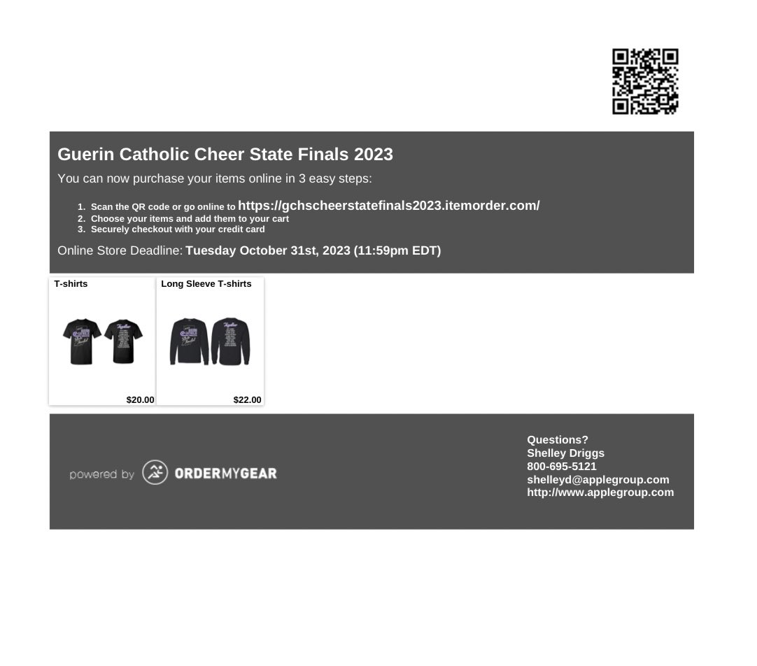 🚨 Order your GC Cheerleading State Finalist shirts 🚨

Link: gchscheerstatefinals2023.itemorder.com

Deadline: Tuesday, October 31st @ 11:59 pm