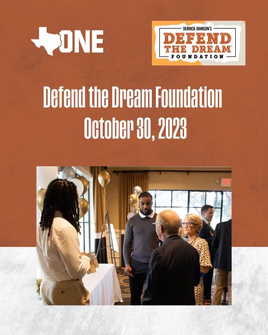 Heading out tonight to Derrick Johnson's Defend the Dream
Foundation event. Defend the Dream is an uplifting force for good in the community, providing learning opportunities for inner-city kids. For more information or to donate, visit: bit.ly/DJDTD
@TexasOneFund