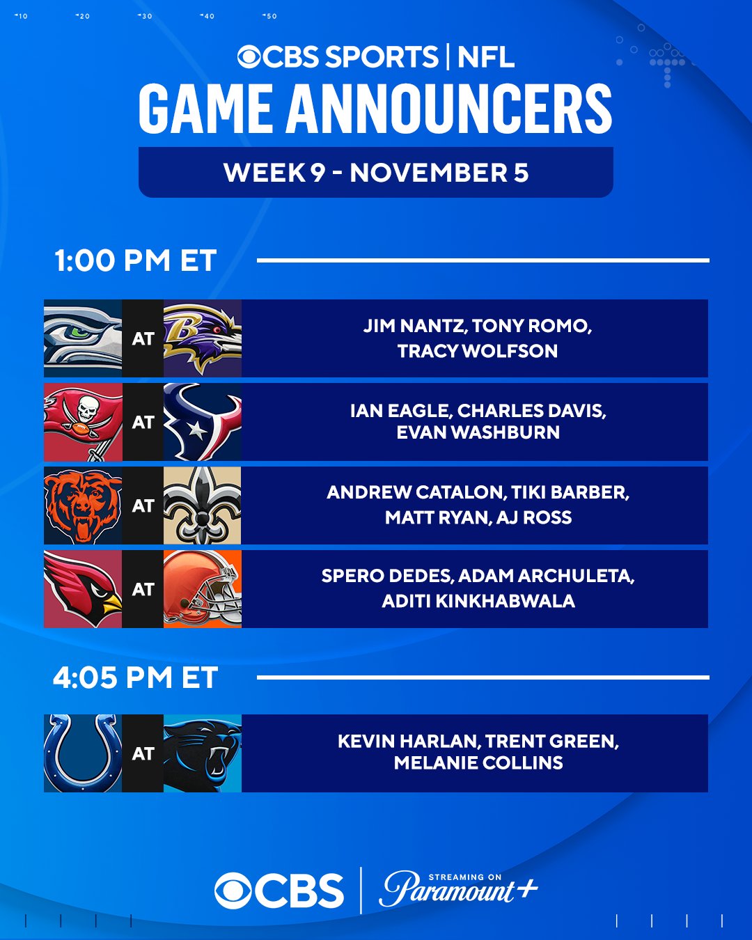CBS Sports Network anuncia emocionante programação da Semana 9 da