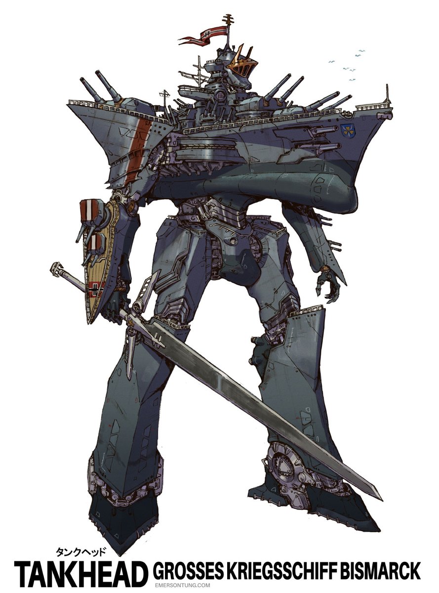 emersontung's tweet image. Imperial Battleship Bismarck, pride of the Kyzerian Navy, armed with its iconic shipbreaker claymore.
Done for my upcoming book TANKHEAD
#mecha #robot #giantrobot #battleship #tankhead #tankheadmecha