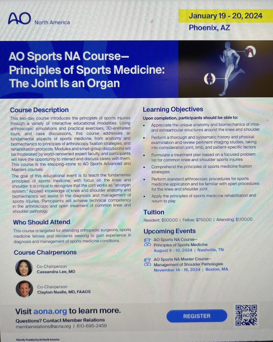 Attn residents, fellows & early career surgeons interested in Sports Medicine-this Principles course is ideal for you. There will be an expert faculty present to discuss & demonstrate all things Sports Medicine. Sign info below: @AONorth