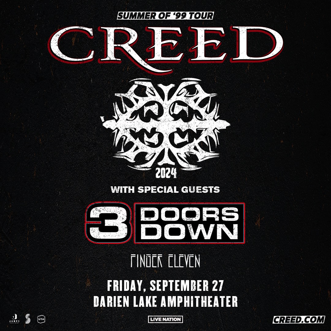 See Creed with Three Doors Down and Finger Eleven on Friday, September 27th at Darien Lake Amphitheater! Tickets go on sale Friday 11/3 at 10am at Ticketmaster.com