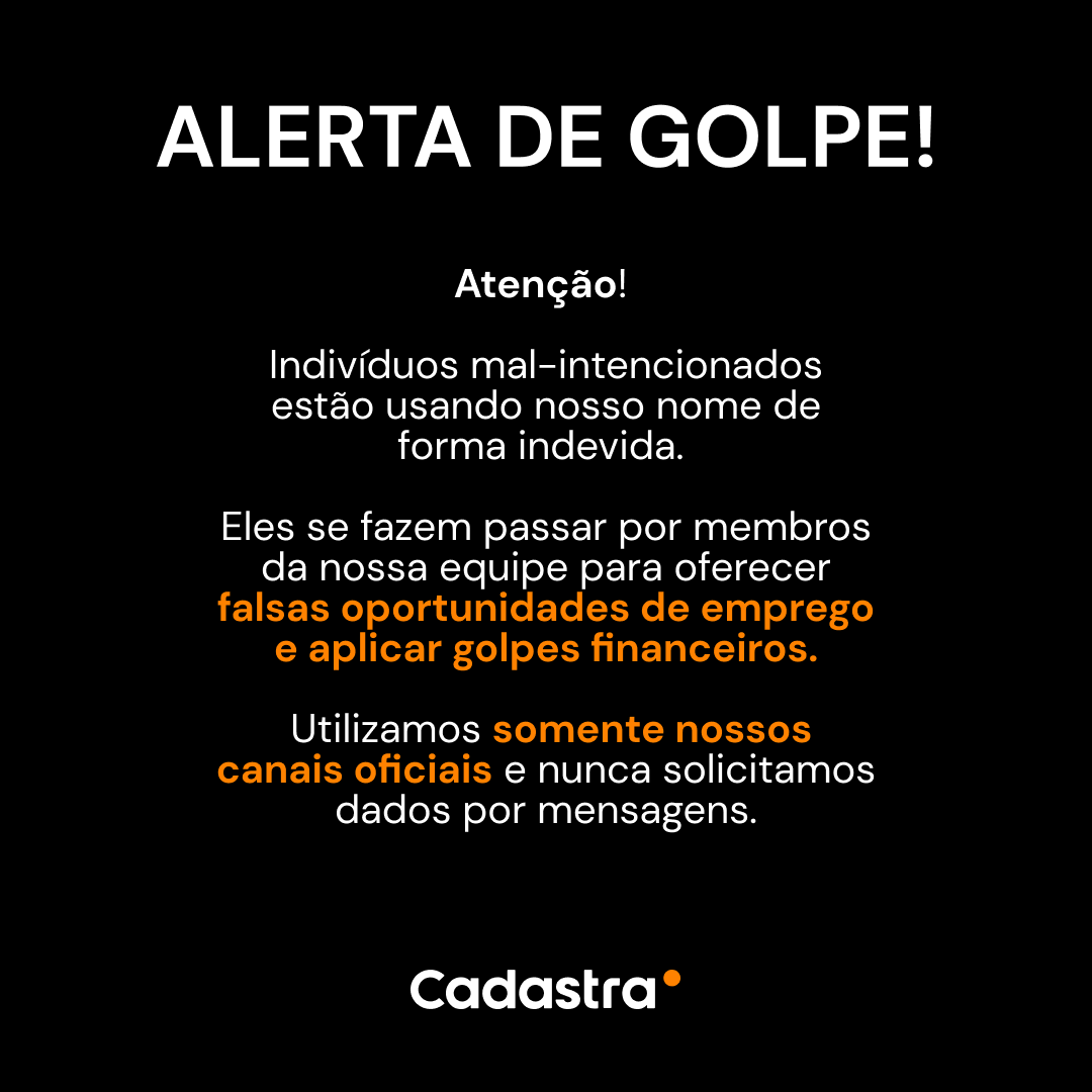 Cadastra's tweet photo. Precisamos alertar sobre um problema sério! Indivíduos mal-intencionados estão usando nosso nome de forma indevida. Eles se fazem passar por membros da nossa equipe para oferecer falsas oportunidades de emprego e aplicar golpes financeiros. https://t.co/hqW8sM4i0t