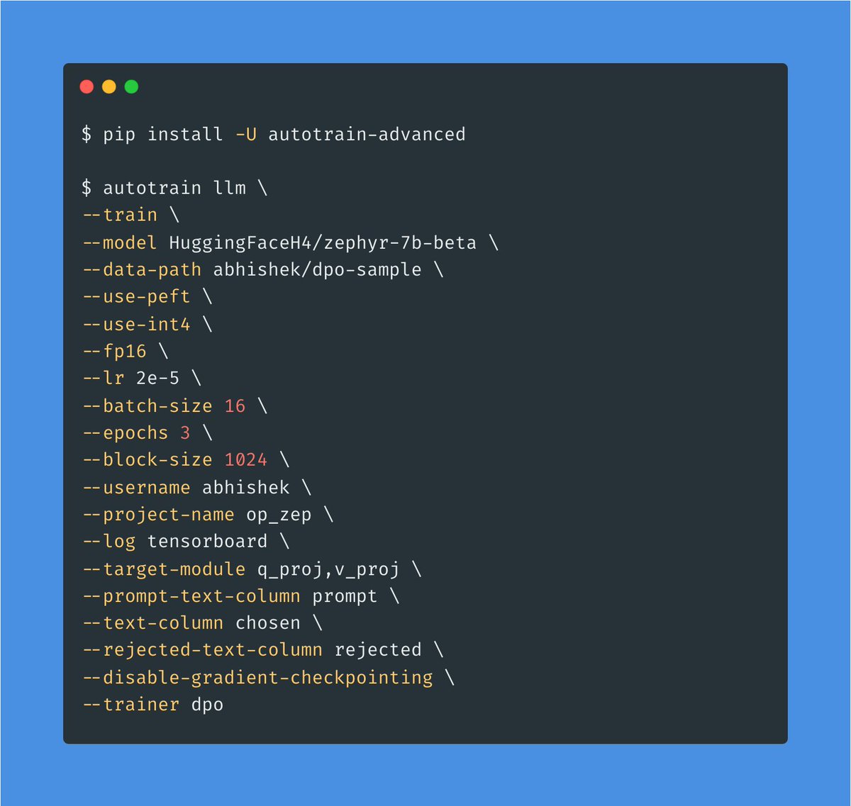 Want to train your own zephyr-like model or want to improve on it! Good News! DPO Training just landed in AutoTrain Advanced. Now train your own custom DPO models without writing a single line of code 💥