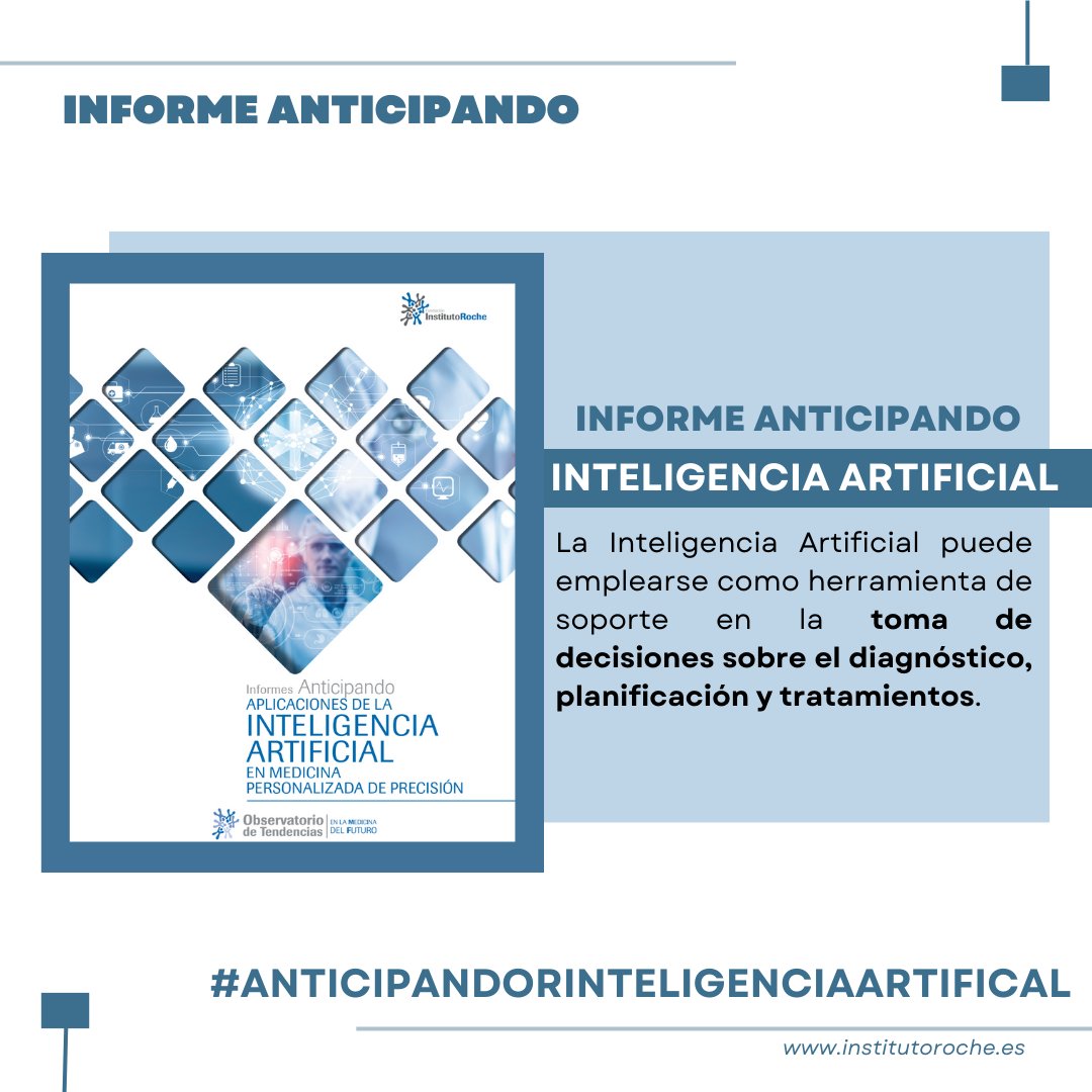 InstitutoRoche's tweet image. 💡La #InteligenciaArtificial permite el desarrollo de herramientas que ayuden a los profesionales sanitarios en la selección del mejor tratamiento y posología para cada paciente 🎯👥

#AnticipandoInteligenciaArtificial 
🔗Link al informe completo➡️n9.cl/c8b3h