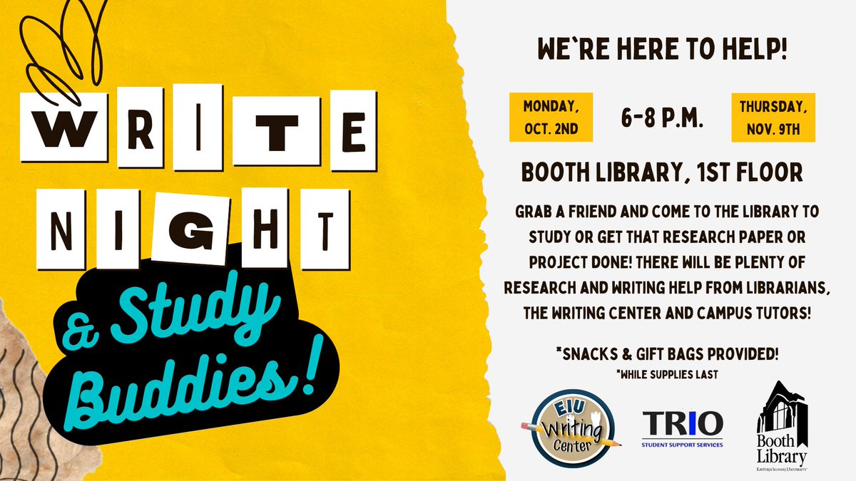 Grab a friend and come to the library to get that research paper or project done, at Write Night & Study Buddies at Booth Library, November 9th! Get research and writing help from librarians, the @eiuwritingcenter and campus tutors! @eiu @eiubookstore @eiutrio @eiustudents
