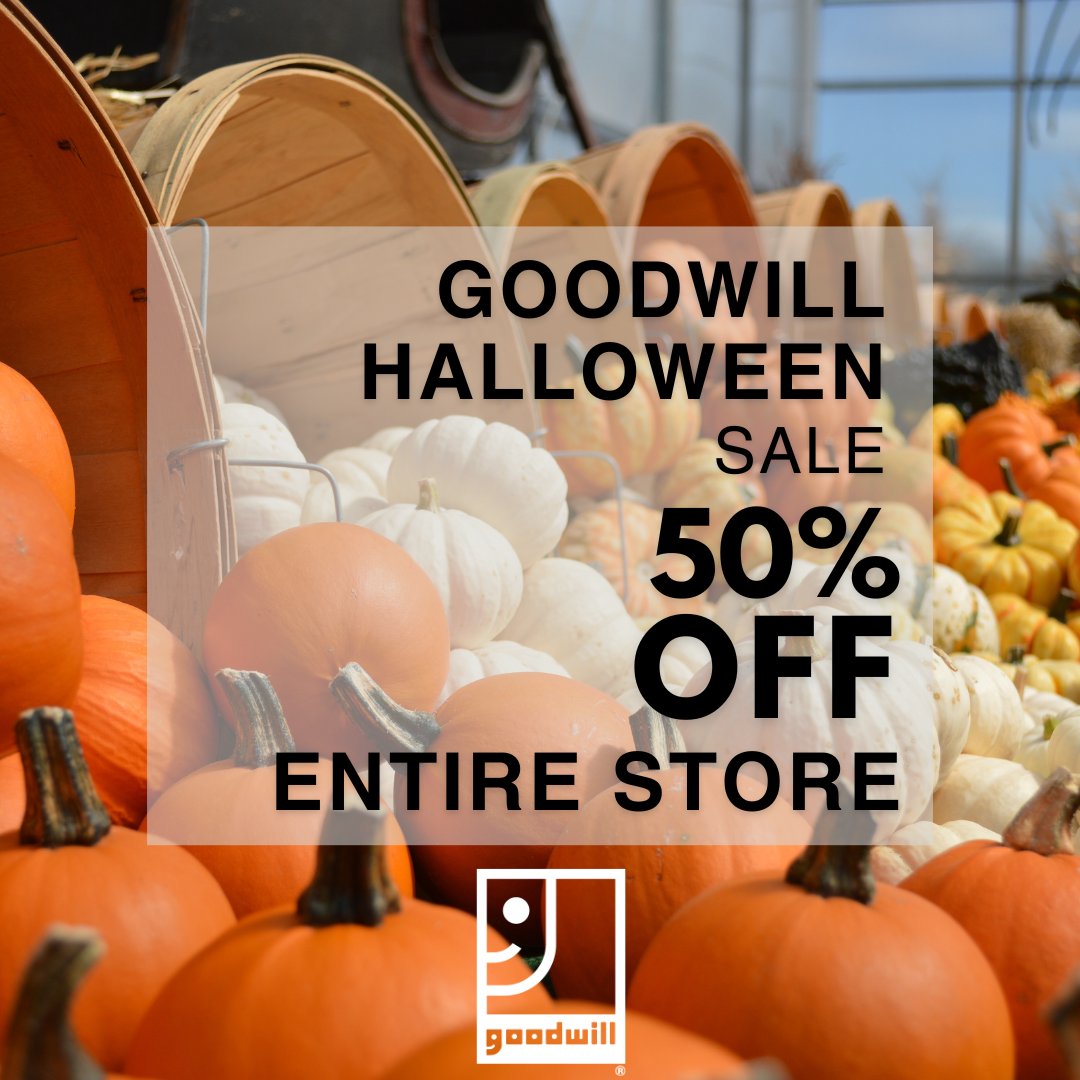 It's not a trick -- treat yourself to 50% off the ENTIRE STORE at your local #GoodwillAmity location! 🎃

Get out to a #Goodwill store near you to take advantage of this scary good deal! Only on Oct 31 👀
#GoodwillHalloween #Halloween #Thrift #Sale #HalloweenSale #SustainableGood