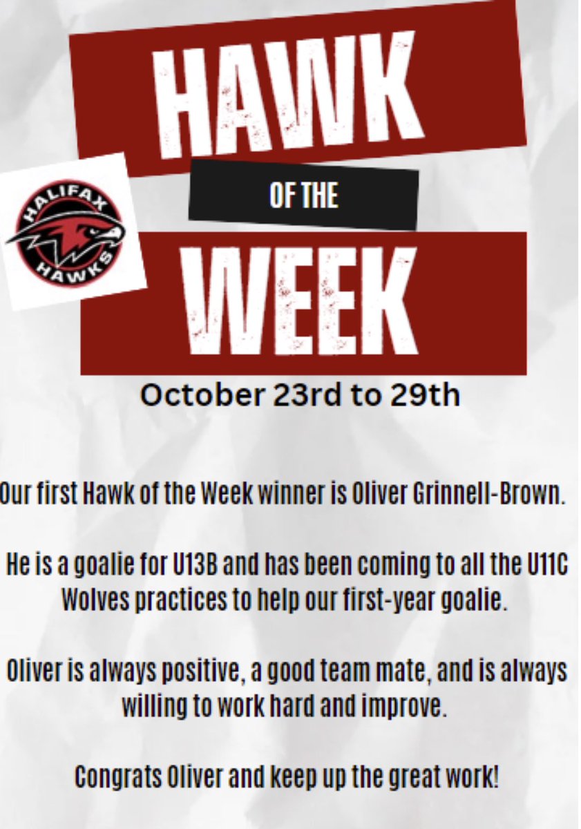 hfxhawks's tweet photo. Congrats to our “first ever” Hawk of the week, Oliver Grinnel-Brown! #hawksfam #hawkoftheweek https://t.co/tuV3adMtgF