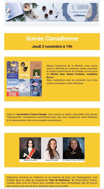C'est à @MarennesHB ce jeudi 2 novembre à 19h à la librairie du Coureau. En partenariat avec @FranceCanada_ nous recevons trois jeunes canadiennes spécialistes des communautés autochtones. Ce sera enthousiasmant, inspirant et intelligent. Ouvert à tous !