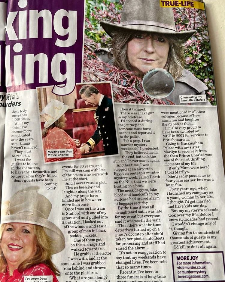 JoyMurderWkds's tweet photo. "Giving fun to hundreds of thousands of guests is my greatest achievement. I'd kill to do it all again."
Thanks to Chat Magazine for great article!
https://t.co/mUif4nYikG
#Chatmagazine #MurderMystery #joyswift @ChatMagazine #murderweekends #mysteries #crimefiction https://t.co/VCKcE3ZZIo