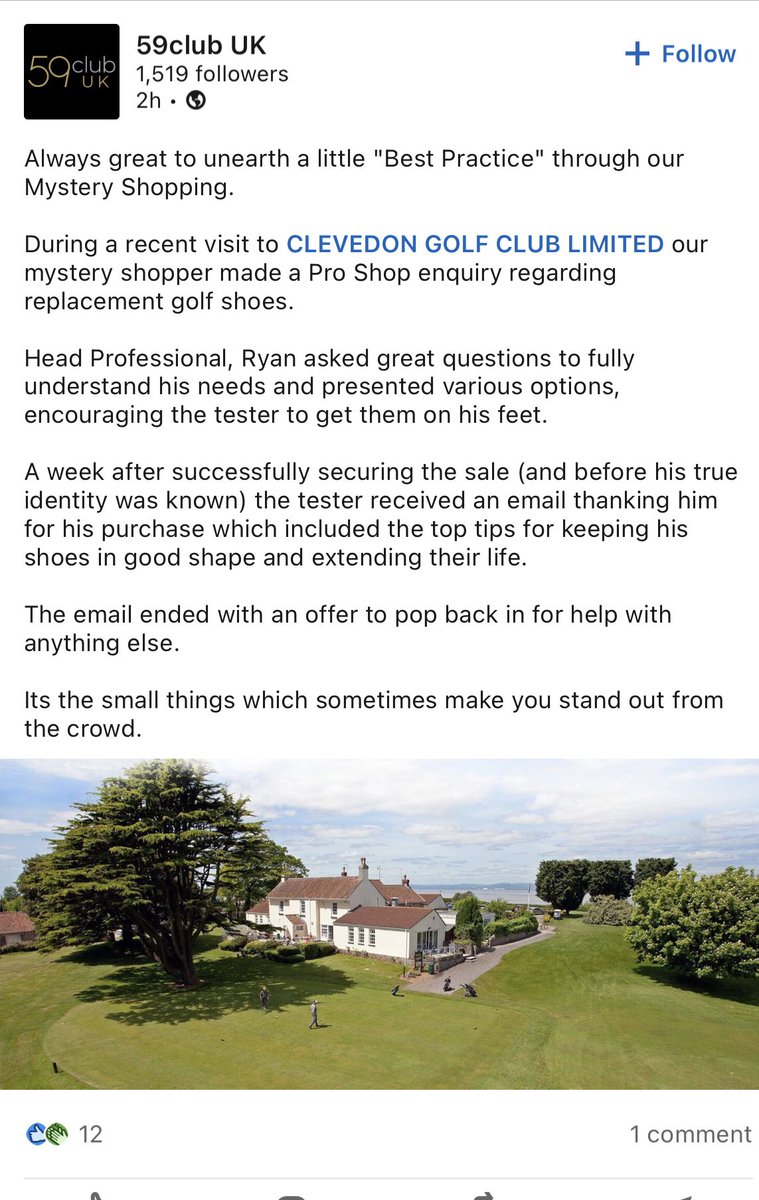 What a glowing report about our fantastic proshop team. 👏👏👏 Well done @RyanCrowley1974 & @ClevedonProShop