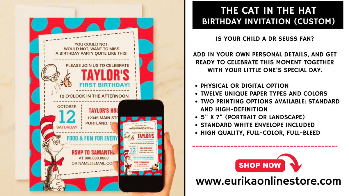 Dr Seuss Birthday Invitation (Custom)
Visit Here: eurikaonlinestore.com

#birthdayinvitation #drseuss #digitalinvitations #thecatinthehat #kidsbirthday #babiesbirthdays