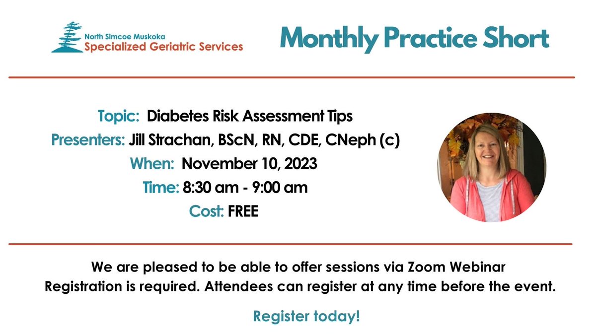 Please join us for our November #practiceshort on November 10, 2023 at 8:30 am, where we discuss #diabetes risk assessment on #olderadults 

Register here:
waypointcentre-ca.zoom.us/webinar/regist…

#nsmsgs