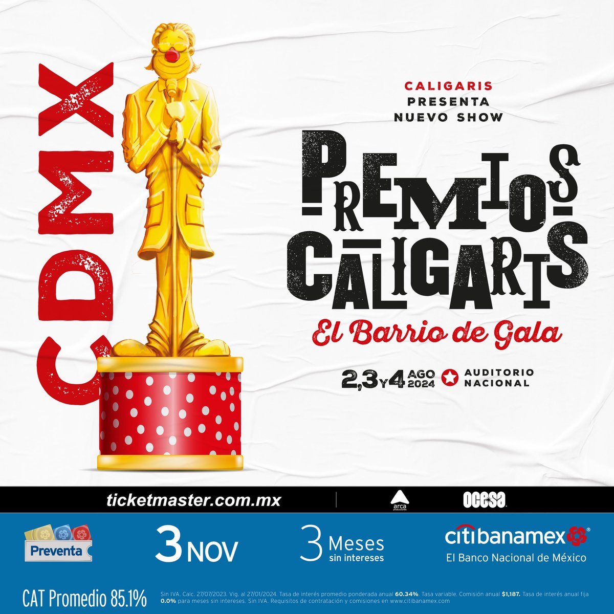 ocesa_total's tweet photo. ¡CDMX! Preparen sus prendas de gala porque Los Premios Caligaris llegan en agosto del 2024 al Auditorio Nacional para armar la fiesta que solo @LOSCALIGARIS nos pueden regalar 🤡⚡️💥

#PreventaCitibanamex: 3 de noviembre. 
Venta general a partir del 4 de noviembre. https://t.co/JlM64jyLds