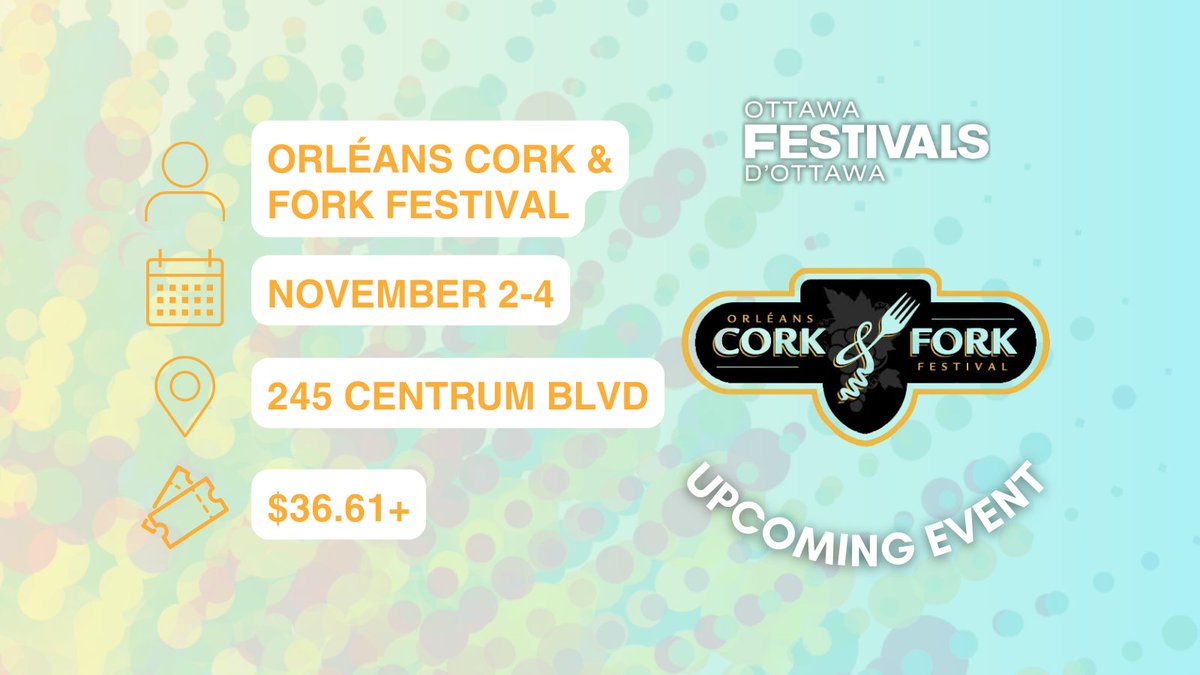This Thursday, the 2023 Cork &amp; Fork Festival kicks off in Orléans! Join <a href="/OrleansFests/">Orléans Festivals</a> for a weekend of local wine, delicious food, and fantastic live music. Don't miss it! Details: ow.ly/ilic50Q0J3W 🍷🍴🎵 #OttawaFestivals #OttFestLive #OrleansFestivals