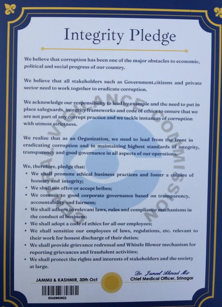 NpcdcsSrinagar's tweet photo. Integrity pledge held in the office of CMO Srinagar https://t.co/IrHCMRdDMd