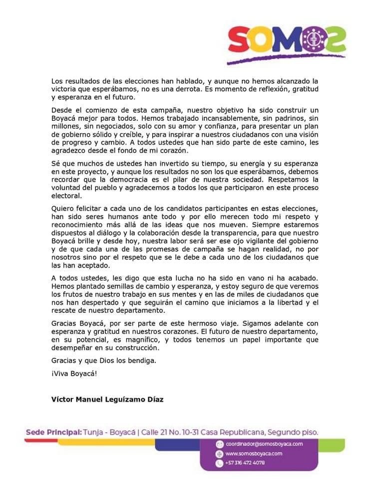 Respetamos las decisiones democráticas y entendemos que las propuestas para un cambio real en Boyacá requieren de este y muchos más sacrificios.

Gracias a todos por su apoyo, afecto y empeño y seguiremos adelante por Boyacá y su gente.

#GraciasPorTanto